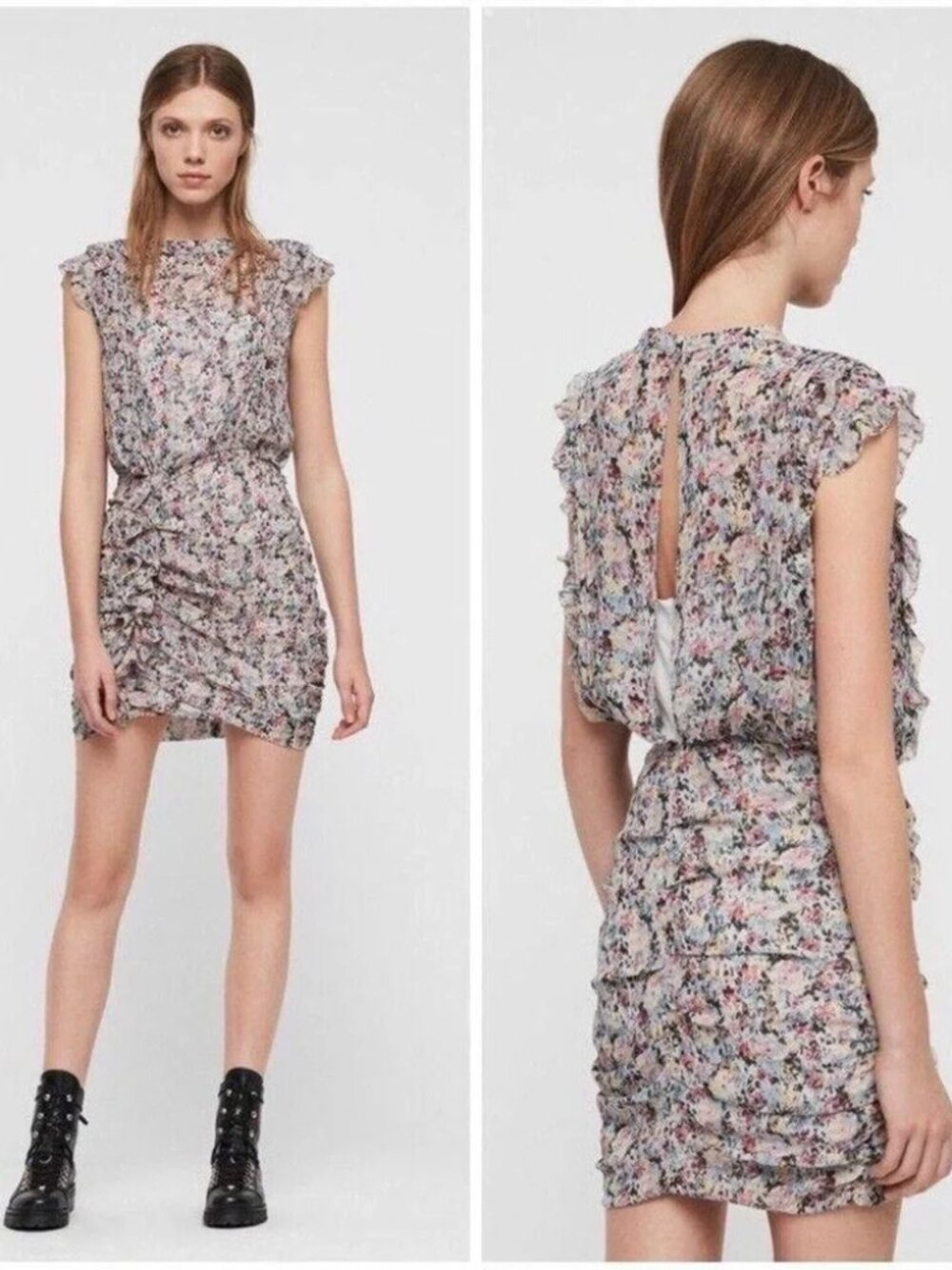 AllSaints‎ Hali Sketch Mini Dress Womens Size 4 Sleeveless Ruffle Ruched